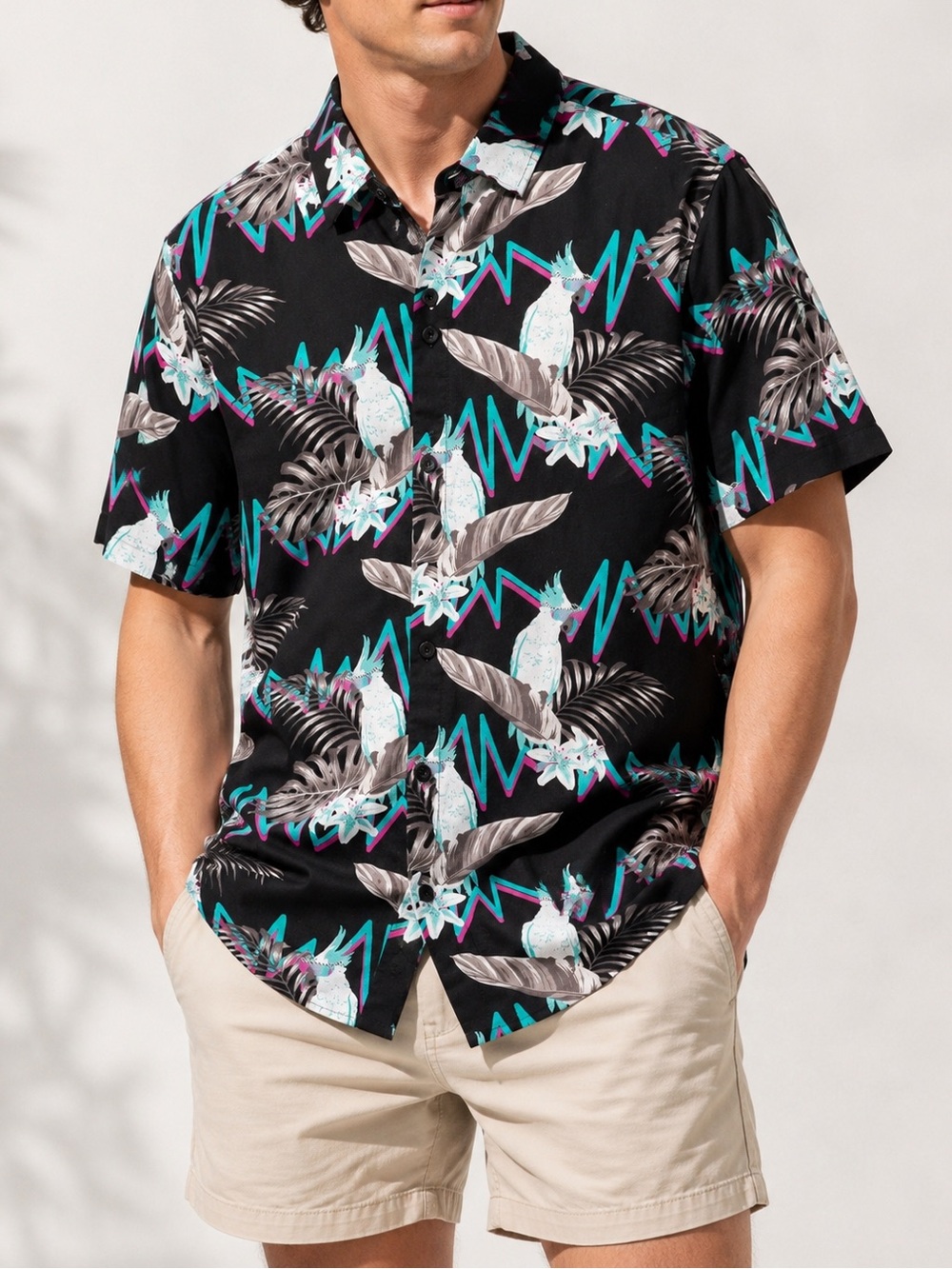 Neff Men’s Small Tropical Cockatoo Hawaiian Button Up Shirt Black Cotton Retro